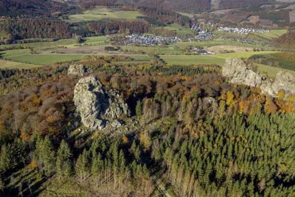 Aerial view, autumn forest and Bruchhauser Steine in the district Bruchhausen in Olsberg,