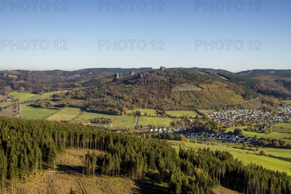 Aerial view, autumn forest and Bruchhauser Steine in the district Bruchhausen in Olsberg,
