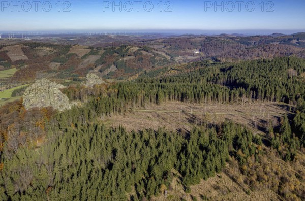 Aerial view, autumn forest and forest damage and Bruchhauser Steine in the district Bruchhausen in