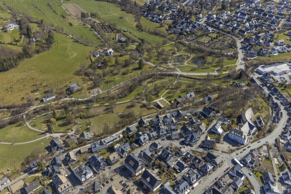Aerial view, Town Hall, spa garden and New Cemetery, Schmallenberg, Sauerland, North