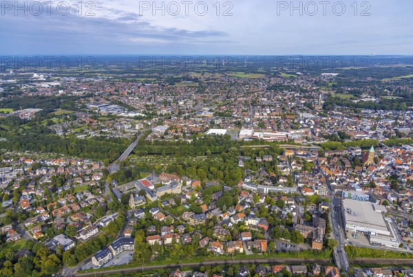 Aerial view, view of the town and the catholic church St. Antonius-Basilika in Rheine-Stadt in