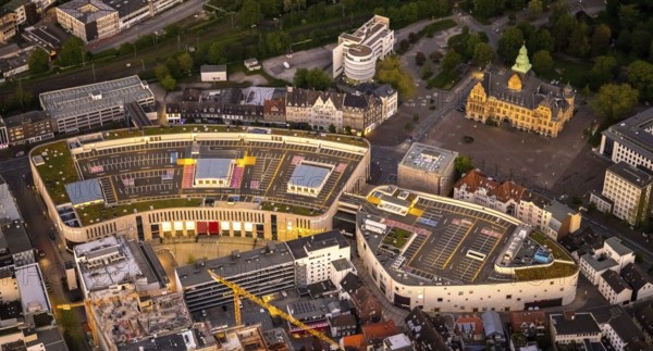 Aerial view, town hall, old town with Kaiserwall, Palais Vest shopping centre, city centre,