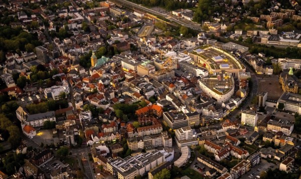 Aerial view, old town with Kaiserwall, Palais Vest shopping centre, catholic ProbsteiKirche St.