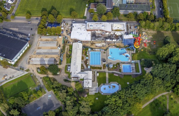 Aerial view, construction site and new construction of an indoor swimming pool at the Rheine
