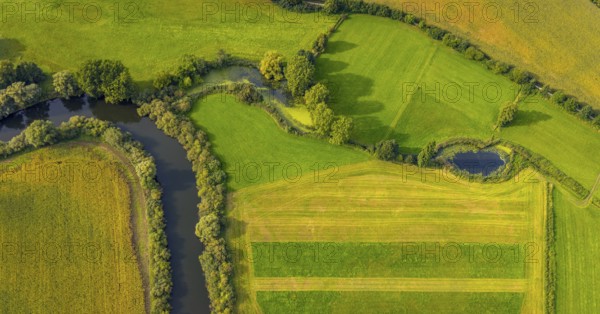 Aerial view, river Ems in the nature reserve Emsaue at the district Gellendorf in Rheine,