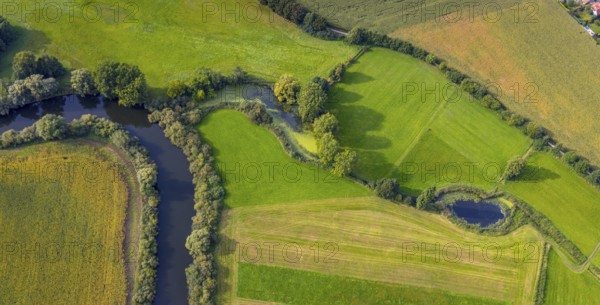 Aerial view, river Ems in the nature reserve Emsaue at the district Gellendorf in Rheine,