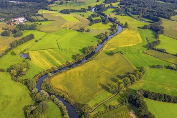 Aerial view, river Ems in the nature reserve Emsaue at the district Gellendorf in Rheine,