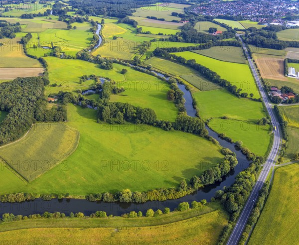 Aerial view, river Ems in the nature reserve Emsaue at the district Gellendorf in Rheine,