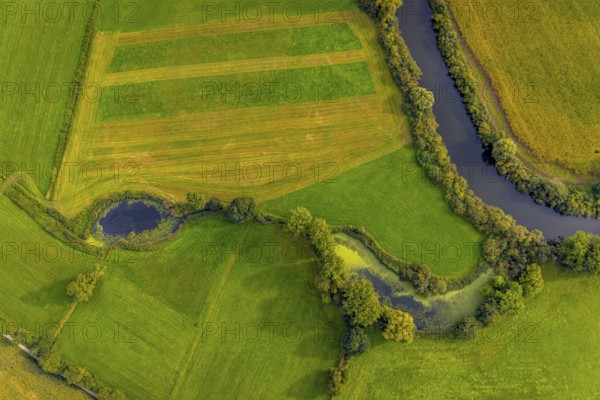 Aerial view, river Ems in the nature reserve Emsaue at the district Gellendorf in Rheine,