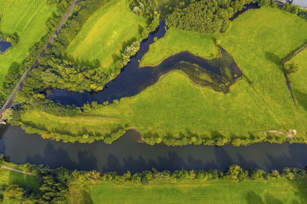 Aerial view, river Ems in the nature reserve Emsaue at the district Gellendorf in Rheine,