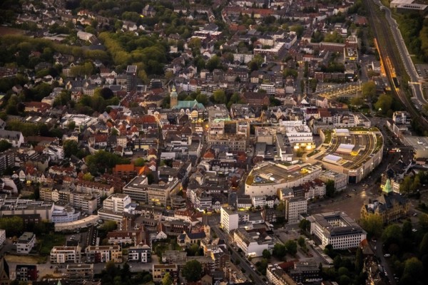 Aerial view, old town with Kaiserwall, Palais Vest shopping centre, catholic ProbsteiKirche St.