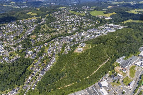 Aerial view, industrial estate Westfälische Straße, municipal cemetery, Olpe town, Olpe, Sauerland,
