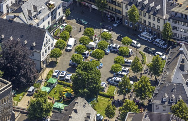 Aerial photo, police operation at Kurkölner Platz, Olpe city, Olpe, Sauerland, North