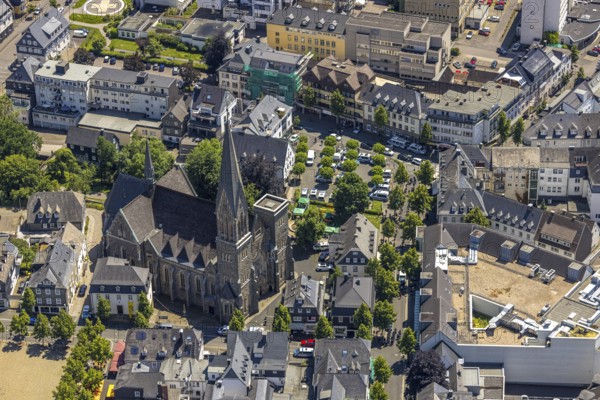 Aerial view, St. Martin's Church, police operation at Kurkölner Platz, Olpe town, Olpe, Sauerland,