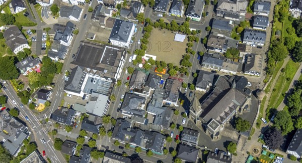 Aerial view, St. Martinus Church, town wall with angel tower, market square and town centre, Olpe