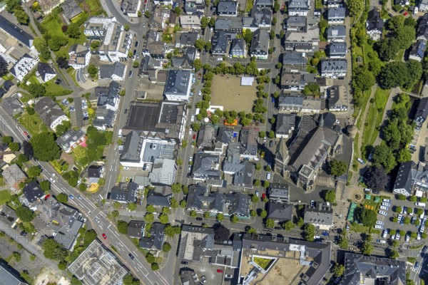 Aerial view, St. Martinus Church, town wall with angel tower, market square and town centre, Olpe