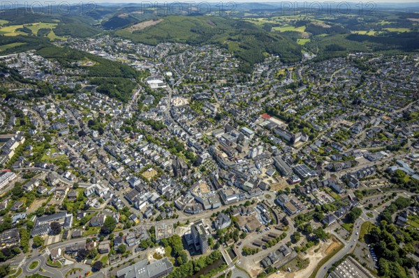 Aerial view, city centre view, town hall, St. Martinus Church, Olpe city, Olpe, Sauerland, North