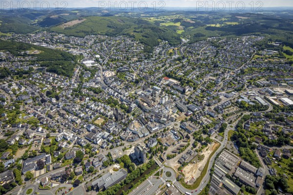 Aerial view, city centre view, town hall, St. Martinus Church, Olpe city, Olpe, Sauerland, North