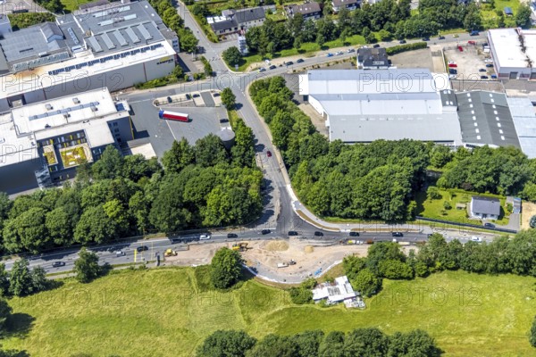 Aerial view, construction site for new roundabout Koblenzer Straße and Biggestraße, Olpe-Stadt,