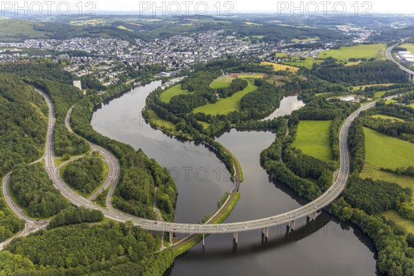 Aerial view, Biggesee, Obersee with bridge Landesstraße L512, bridge Bundesstraße B54, Olpe-Stadt,