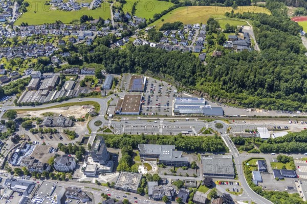 Aerial view, city centre, town hall and city archive, Olpe railway and bus station, car park Alter