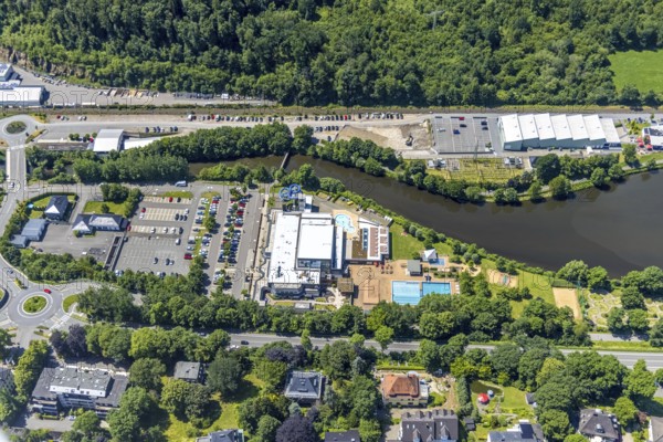 Aerial view, Olpe leisure pool, Olpe town, Olpe, Obersee, Sauerland, North Rhine-Westphalia,