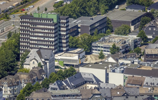 Aerial view, town hall and town archive, Olpe town, Olpe, Sauerland, North Rhine-Westphalia,