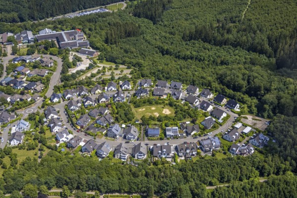 Aerial view, oval housing estate Kimicker Berg, children's playground in town centre,