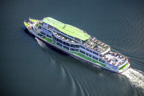 Aerial view, Biggesee, passenger navigation with the excursion boat Westfalen, sun deck, Sondern,