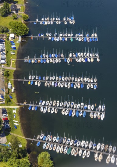 Aerial view, Biggesee, Camping Biggesee - Vier Jahreszeiten, sailboats, boat landing stage, Rhode,