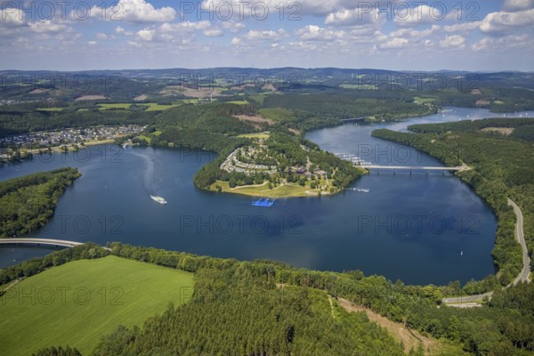 Aerial view, Biggesee, Camping Biggesee - Vier Jahreszeiten, Talbrücke Sondern, passenger