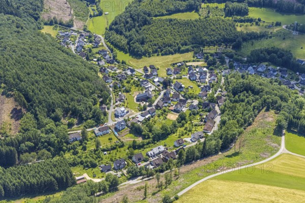 Aerial view, forest area with local view Rehringhausen, Olpe, Sauerland, North Rhine-Westphalia,