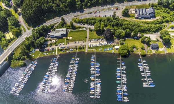 Aerial view, Biggesee, Camping Biggesee - Vier Jahreszeiten, sailboats, boat landing stage, Rhode,