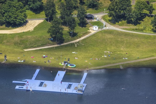 Aerial view, Biggesee, Camping Biggesee - Vier Jahreszeiten, bathers on sunbathing lawn and