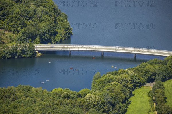 Aerial view, Biggesee, bridge Landesstraße L563, canoe and stand-up paddle, Rhode, Olpe, Sauerland,