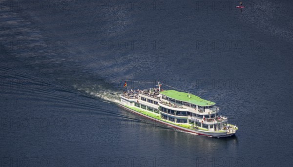 Aerial view, Biggesee, passenger navigation with the excursion boat Westfalen, Rhode, Olpe,