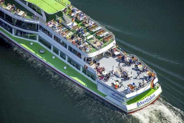 Aerial view, Biggesee, passenger navigation with the excursion boat Westfalen, sun deck, Sondern,