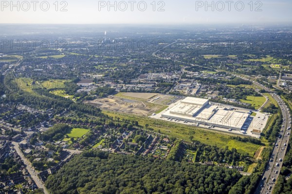 Aerial view, Edeka central warehouse Oberhausen with fallow land and Sterkrade colliery in the
