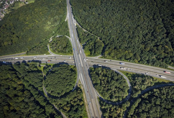 Aerial view, motorway junction Oberhausen with A2 and A3 in the district Königshardt in Oberhausen,