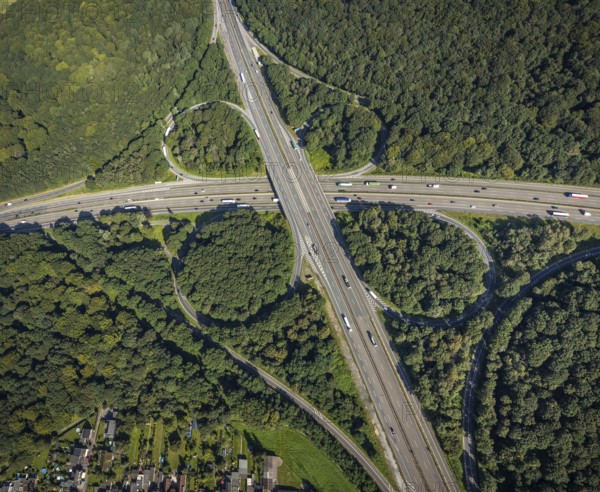 Aerial view, motorway junction Oberhausen with A2 and A3 in the district Königshardt in Oberhausen,