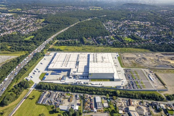 Aerial view, Edeka central warehouse Oberhausen with fallow land in the district Schwarze Heide in