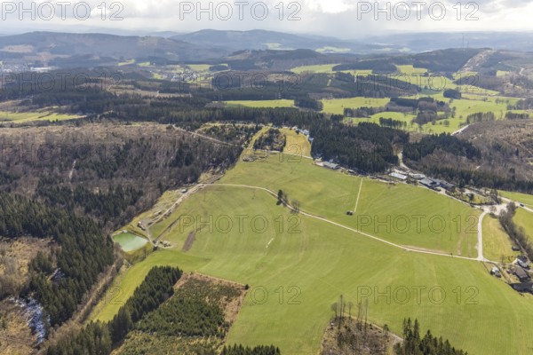 Aerial view, forest area with mountain bike facility Liftistan, Oberveischede, Olpe, Sauerland,