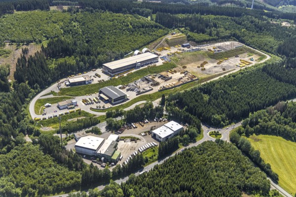 Aerial view, recycling centre Olpe Rother Stein disposal company, Oberveischede, Olpe, Sauerland,