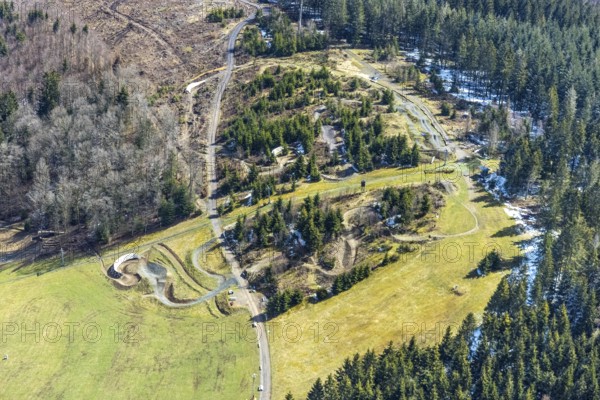 Aerial view, forest area with mountain bike facility Liftistan, Oberveischede, Olpe, Sauerland,
