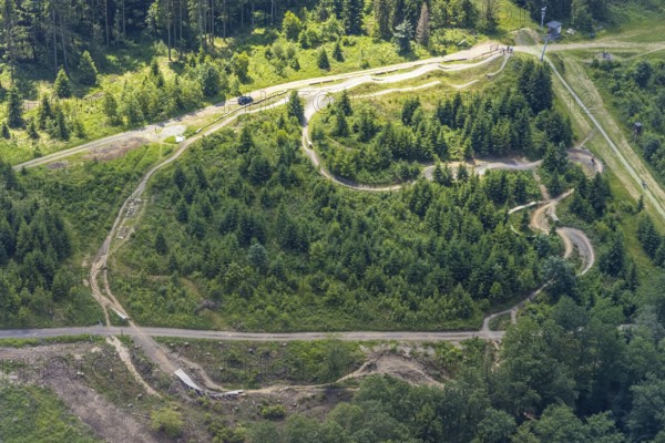 Aerial view, Bikepark Fahlenscheid, mountain bike facility Liftistan, Oberveischede, Olpe,