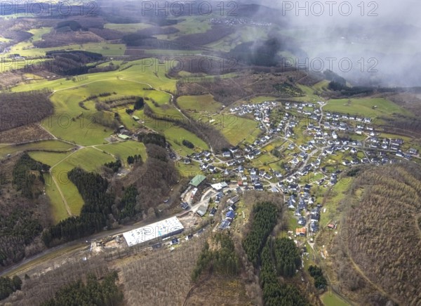 Aerial view, local view, sawmill Schrage new construction of a factory hall after a large conveyor