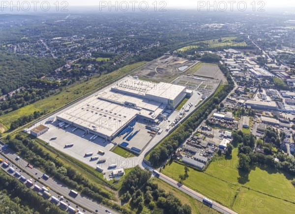 Aerial view, Edeka central warehouse Oberhausen with fallow land and Sterkrade colliery in the