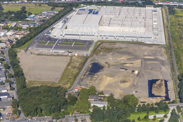 Aerial view, Edeka central warehouse Oberhausen with fallow land in the industrial park Waldteich