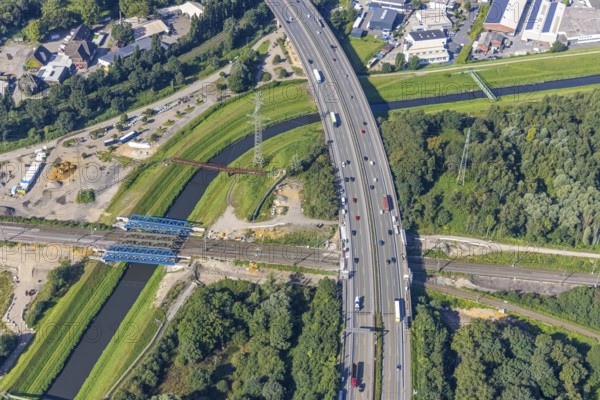 Aerial view, motorway A42 bridge renovation over railway tracks and Emscher as well as new railway
