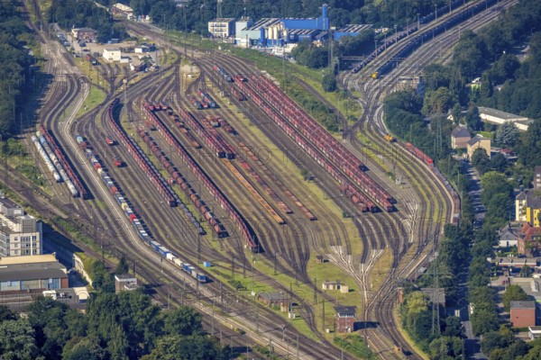 Aerial view, freight yard and marshalling yard Oberhausen West in the district Lirich in